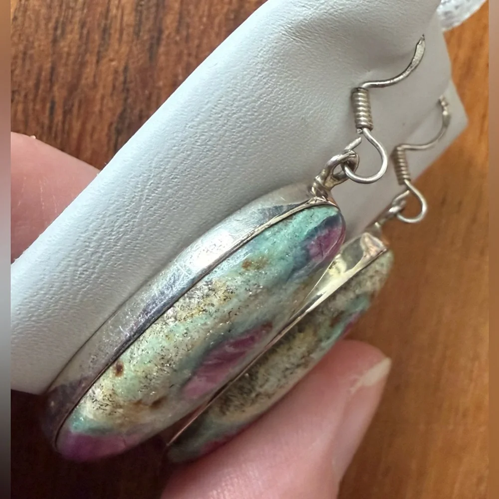 Sterling Silver 925 Ruby in Fuchsite Multi-Color Stone Earrings Dangling Heavy